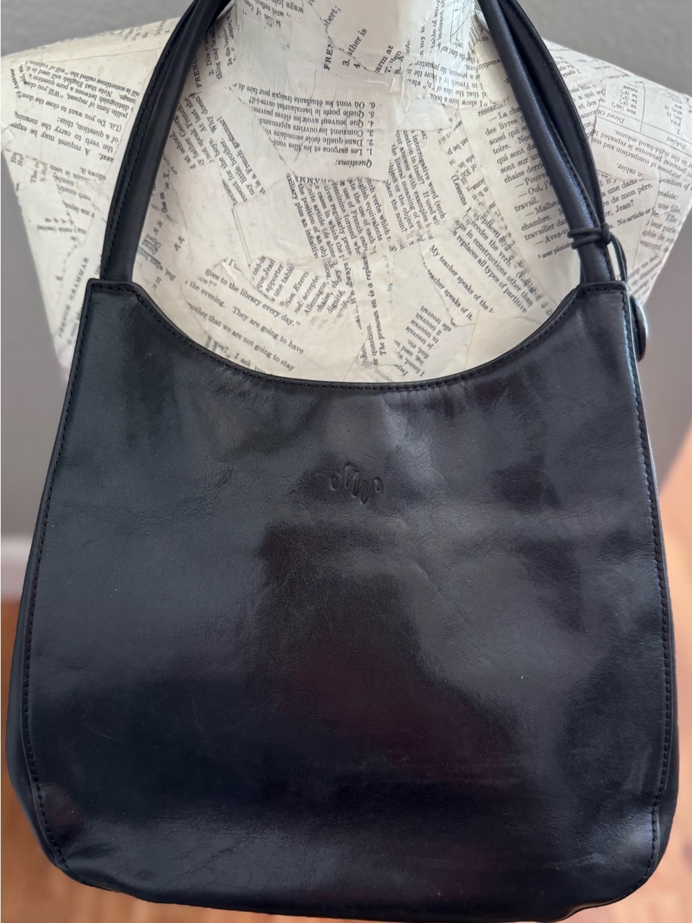 Monsac Black Leather Shoulder Bag with Embossed Logo